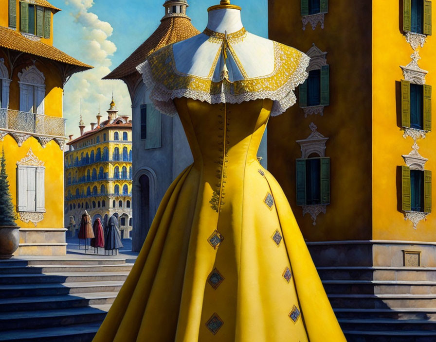 Vibrant painting of yellow dress on mannequin in Italian piazza