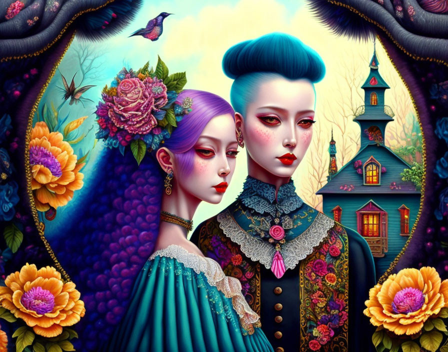 Stylized characters with vibrant hair and intricate clothing in floral setting.