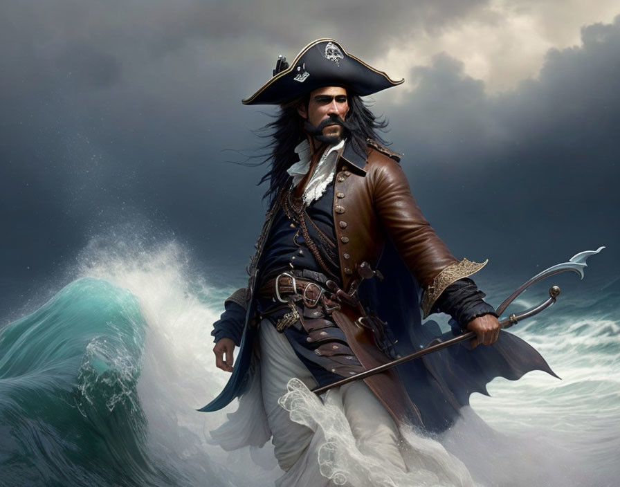 Swashbuckling pirate with tricorne hat and sword on stormy seas