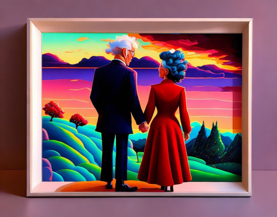 Elderly Couple Admiring Vibrant Landscape Artwork