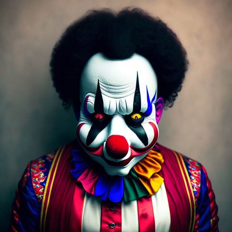 Intense clown in vibrant makeup and colorful costume