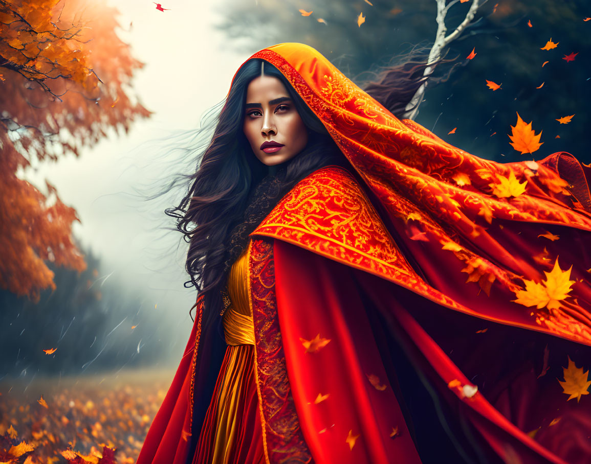 Woman in Vibrant Red Cloak Surrounded by Autumn Leaves