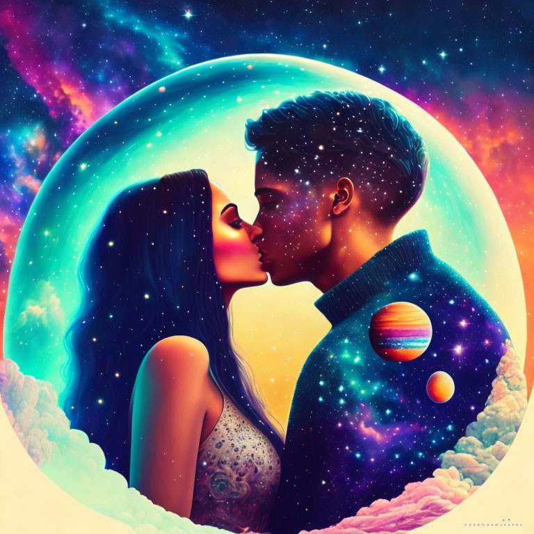 Cosmic-themed digital artwork of a couple silhouetted in a kiss