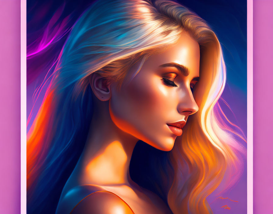 Side profile digital artwork: Woman with flowing blonde hair under blue and orange lighting