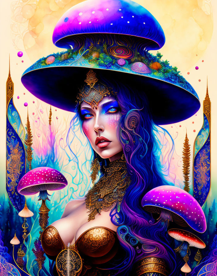 Fantasy illustration of woman with blue skin and hair, surrounded by luminescent mushrooms and ethereal