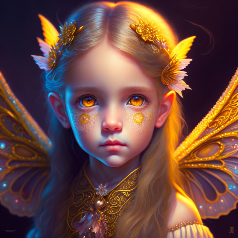 Ethereal child with golden butterfly wings and floral adornments