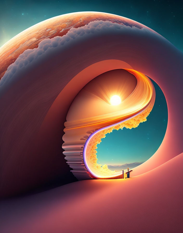 Surreal digital artwork: staircase bends into circular form with sun, planet, and starry sky