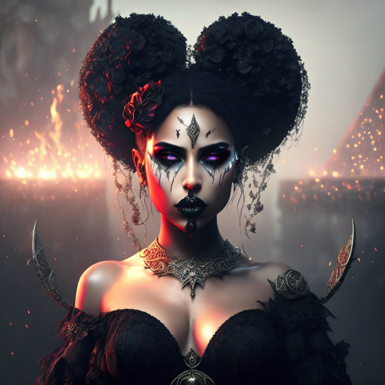 Gothic Fantasy Portrait of Woman with Dark Makeup & Ornate Jewelry