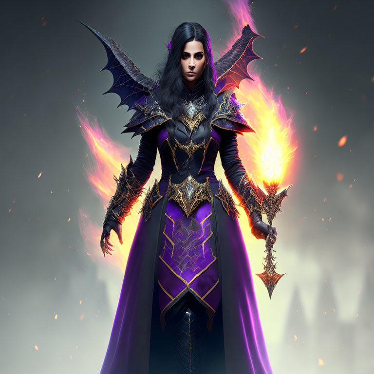 Woman in Dark Armor with Fiery Wings and Glowing Weapon on Mystical Background