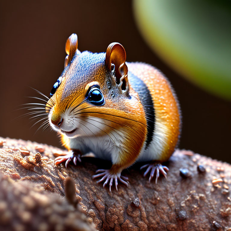 Striped squirrel with striking eyes on textured branch