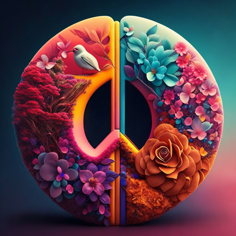 Colorful circular artwork featuring lush flora, fauna, peaceful bird, and peace symbol