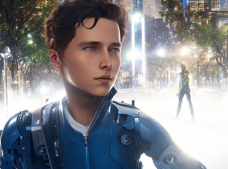 Male with Brown Hair in Futuristic Blue Attire in Vibrant Cityscape