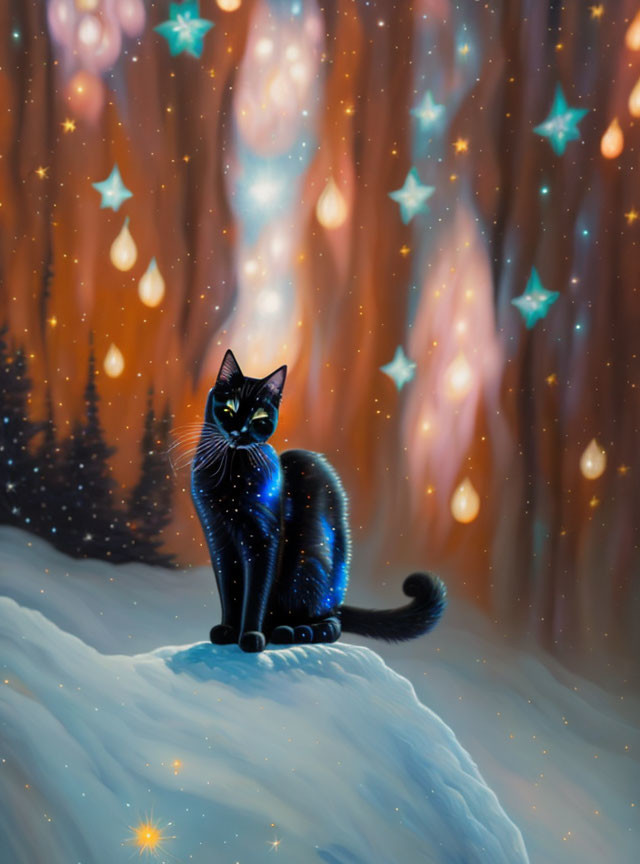 Cosmic-patterned black cat on snowy hill with star-lit forest backdrop