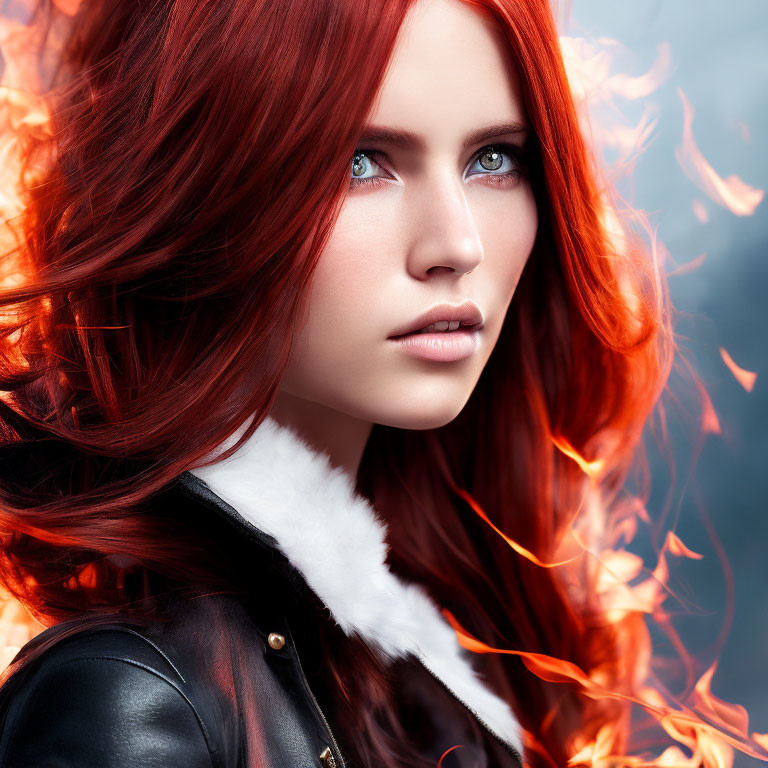 Fiery red-haired woman engulfed in intense flames