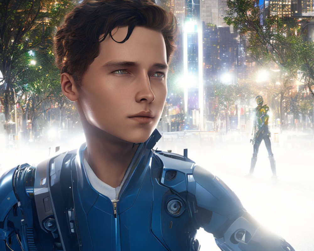 Male with Brown Hair in Futuristic Blue Attire in Vibrant Cityscape