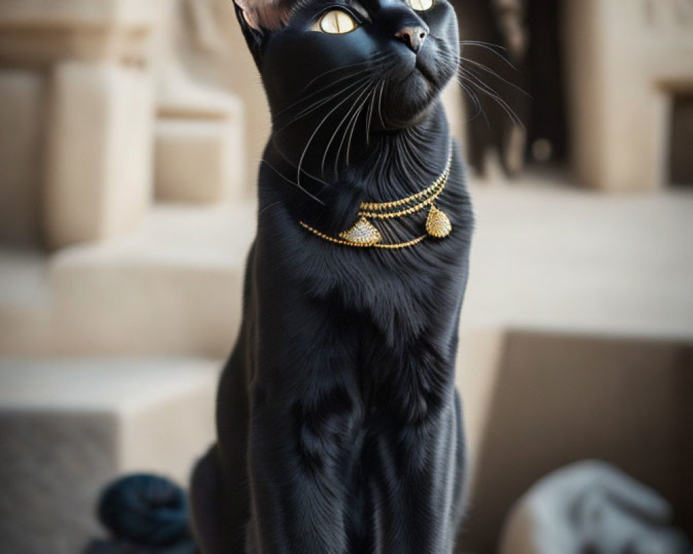 Black cat with gold necklace in front of Egyptian sculptures