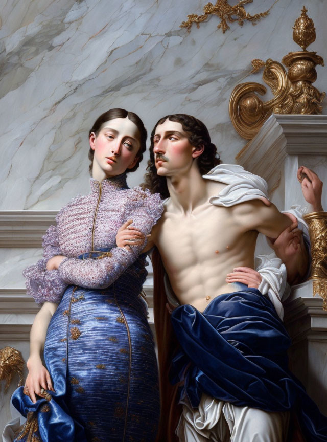 Detailed painting of woman in lilac and blue dress embracing shirtless man against marble backdrop.