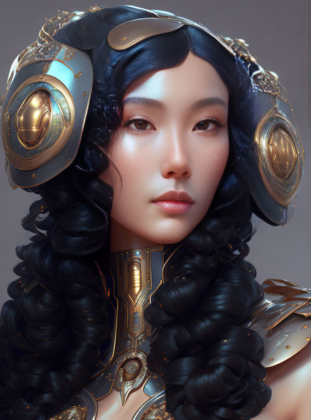 Futuristic portrait of woman in golden armor with headphones