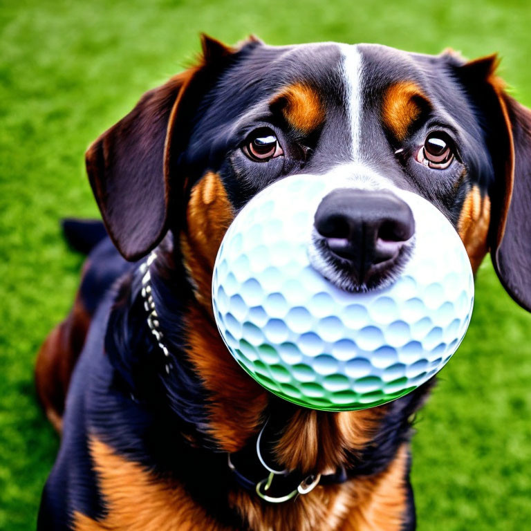 Black and Tan Dog Holding Golf Ball on Green Grass