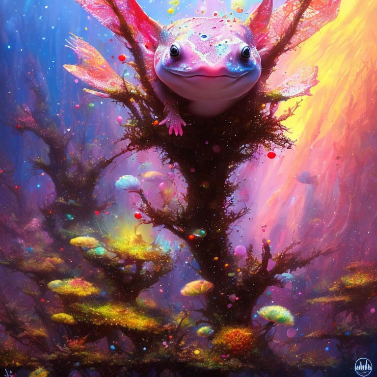 Colorful fantasy illustration: Smiling pink frog on mossy tree in vibrant forest