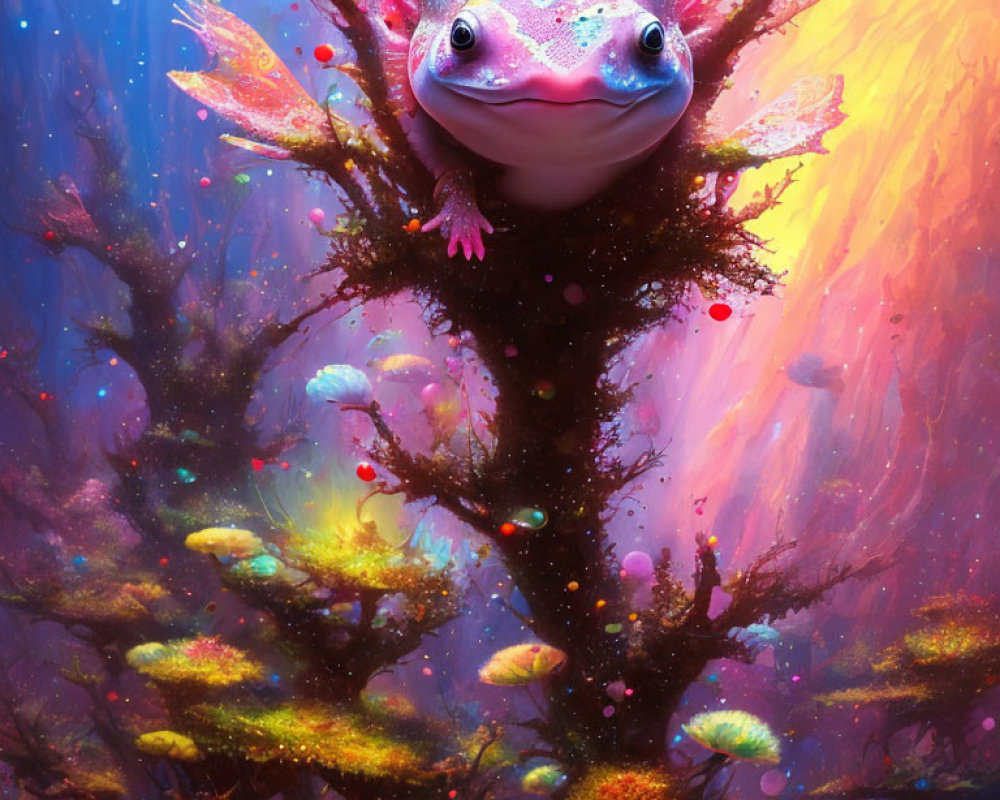 Colorful fantasy illustration: Smiling pink frog on mossy tree in vibrant forest