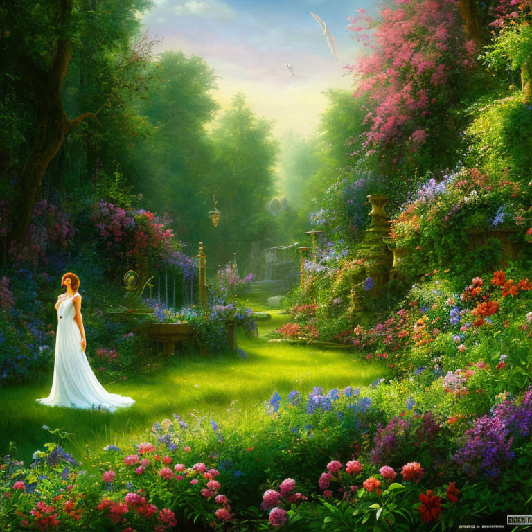 Woman in White Dress in Sunlit Garden with Flowers and Gazebo