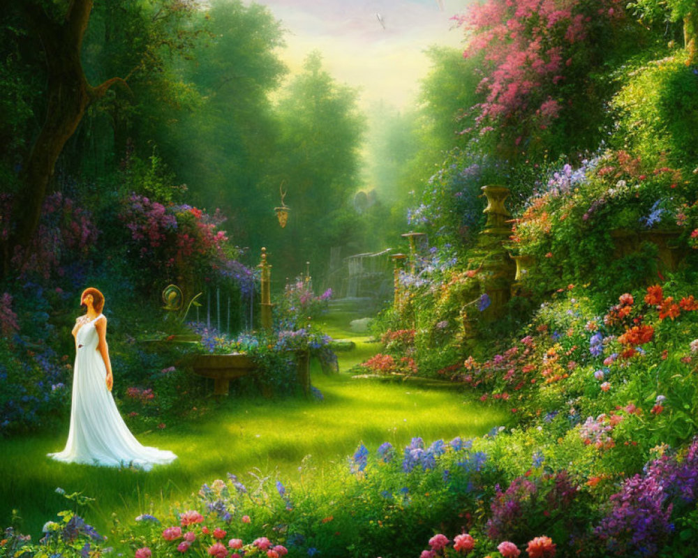 Woman in White Dress in Sunlit Garden with Flowers and Gazebo