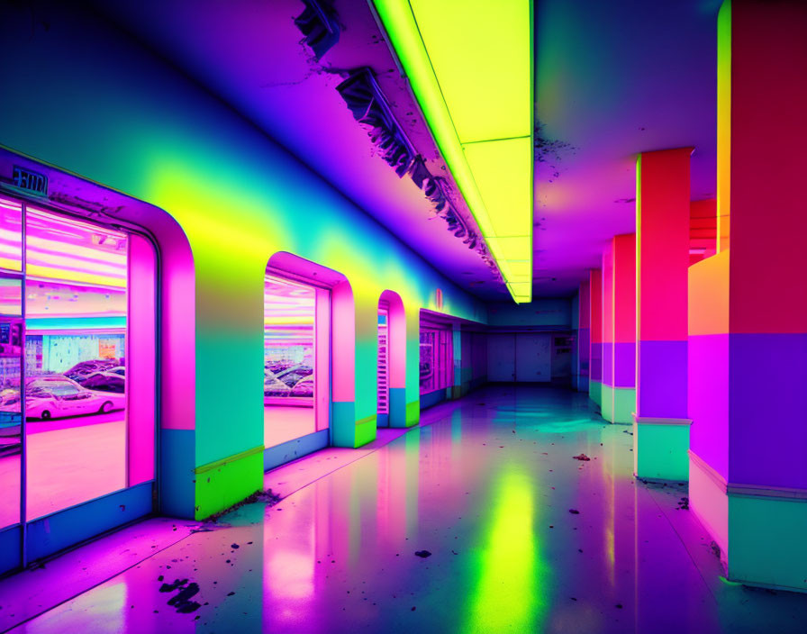 Colorful Neon-Lit Hallway with Rainbow Effect and Parked Cars