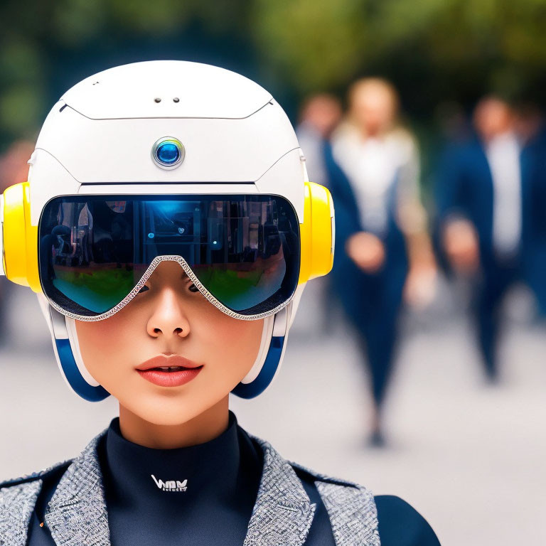 Person in modern helmet with visor and headphones in crowd