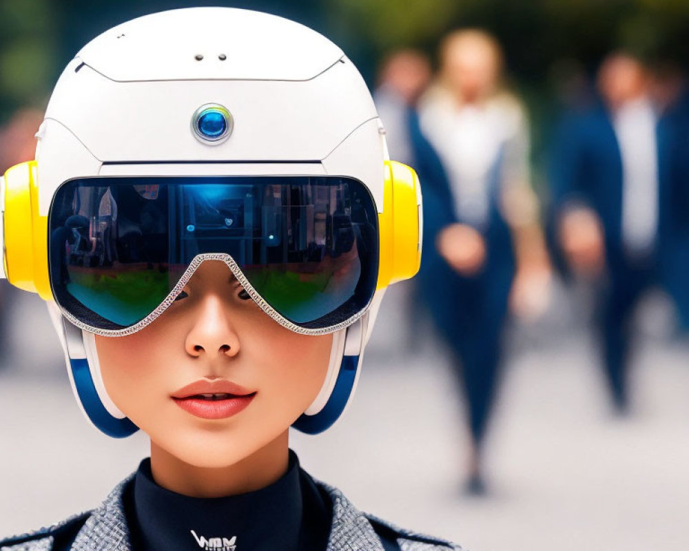 Person in modern helmet with visor and headphones in crowd