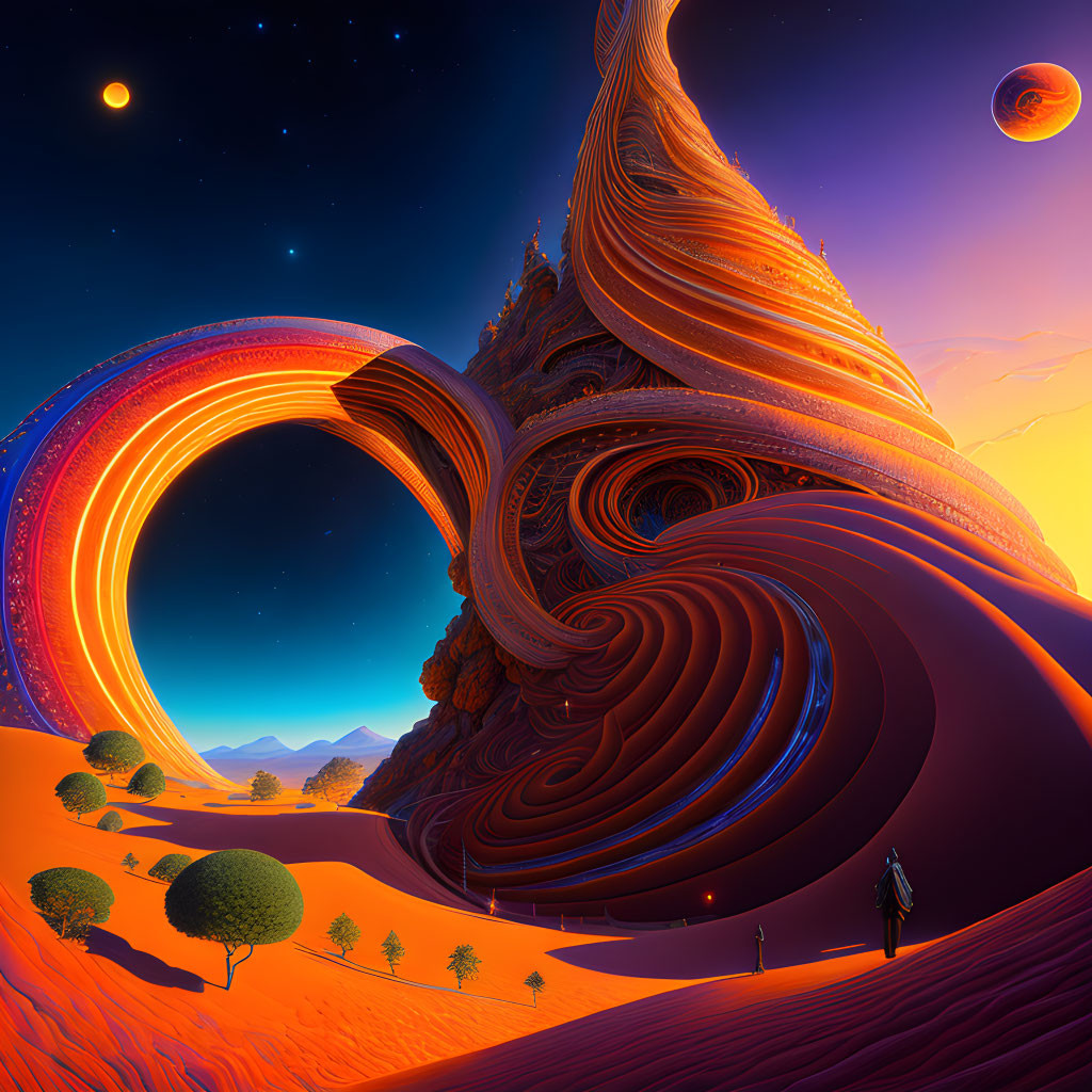 Surreal cosmic landscape with swirling orange and blue structures and planets in the sky