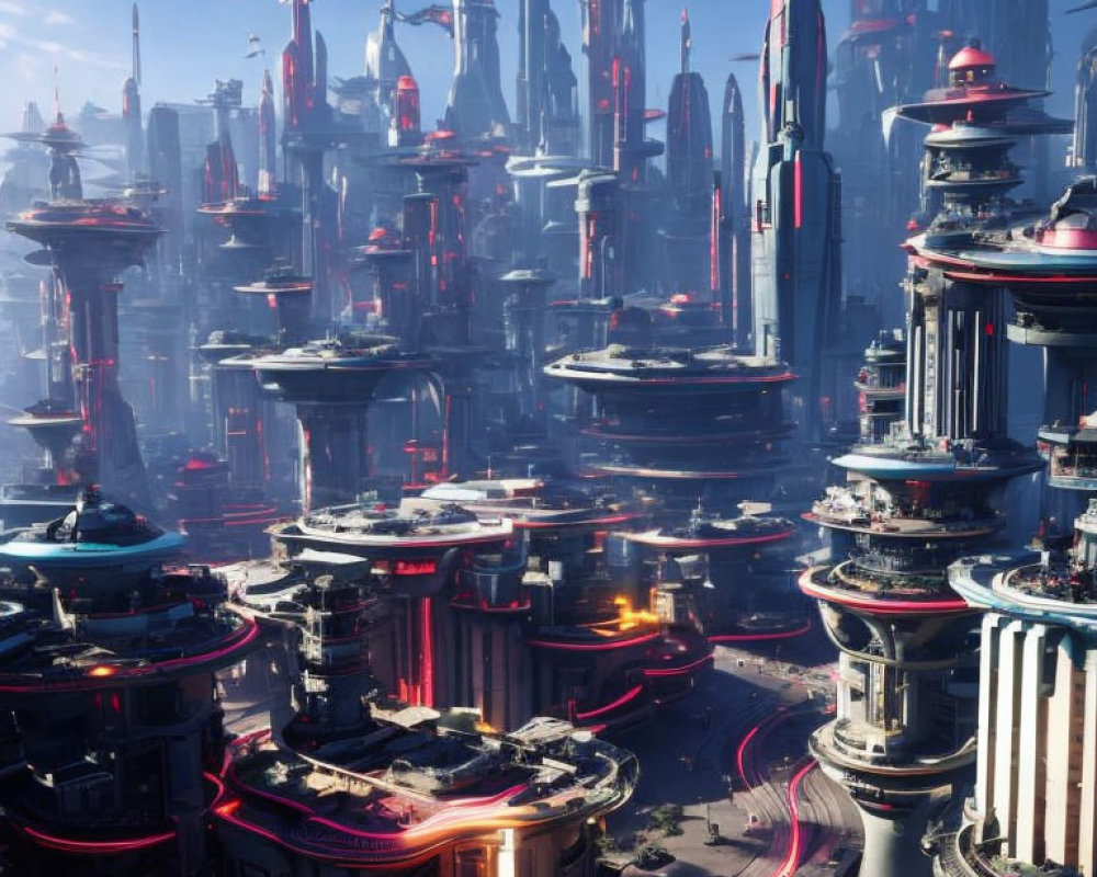 Futuristic cityscape with towering skyscrapers and flying vehicles