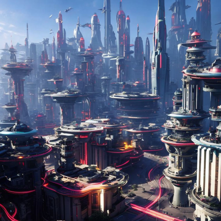 Futuristic cityscape with towering skyscrapers and flying vehicles