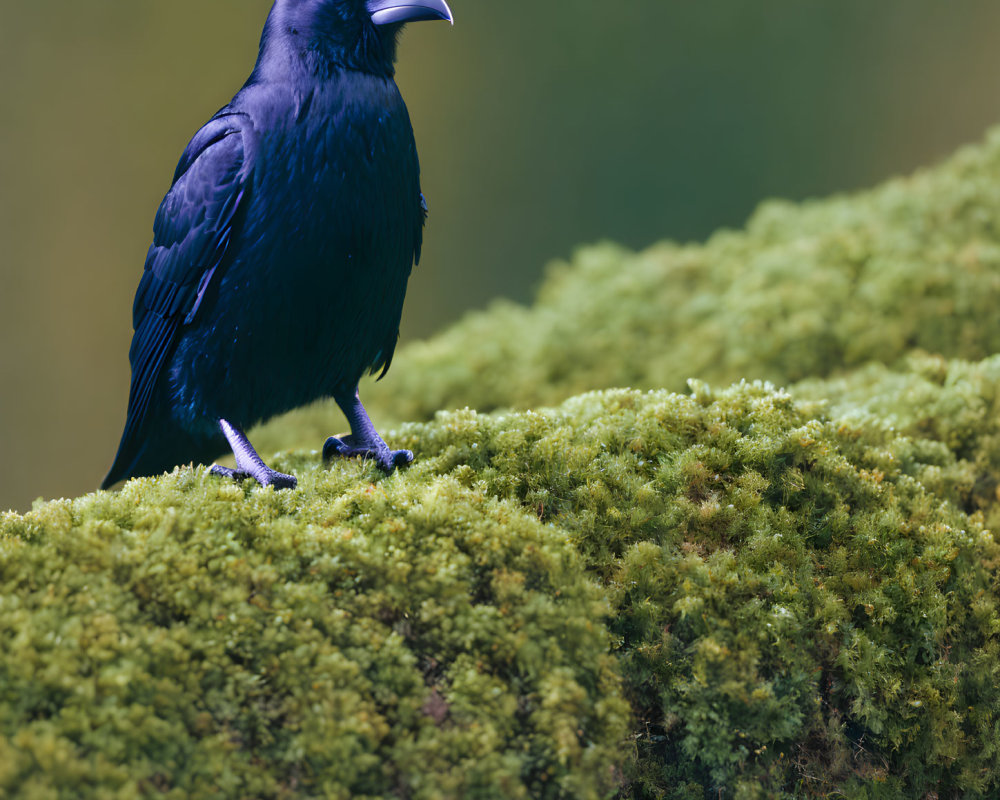 Black Raven Standing on Green Moss Surface in Soft-focus Background