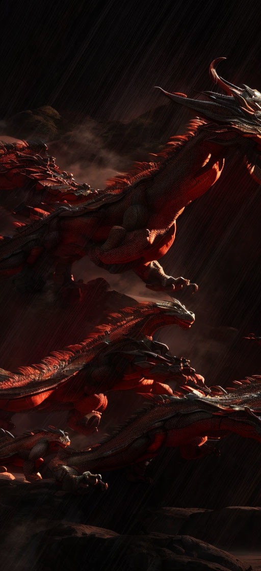 Dark and atmospheric image: Red dragons ascending through glowing embers under stormy sky