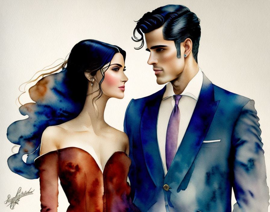 Stylish couple in brown ombre dress and blue suit with purple tie gazing at each