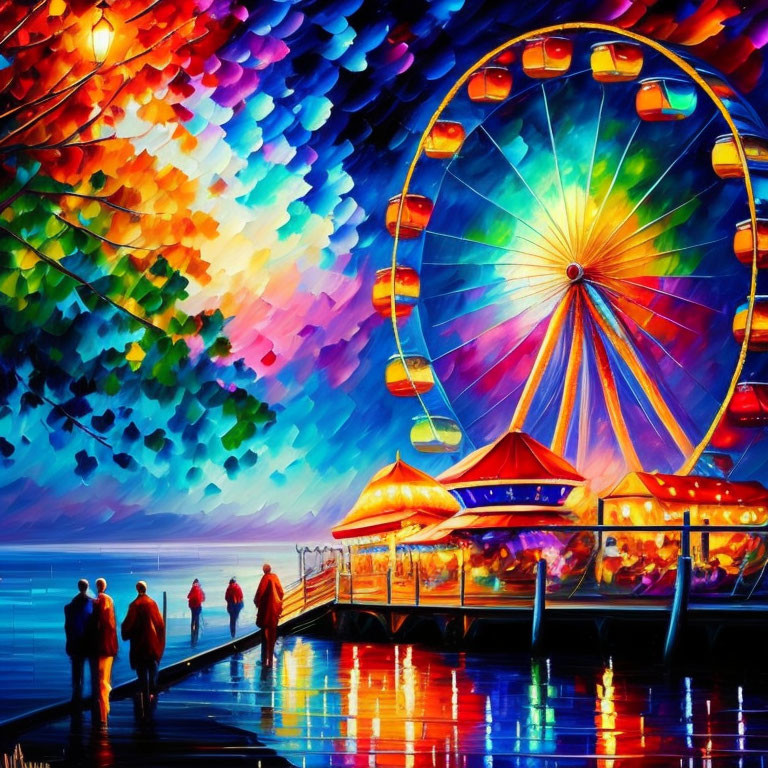 Colorful painting of people on pier with kaleidoscopic sky and Ferris wheel reflection.