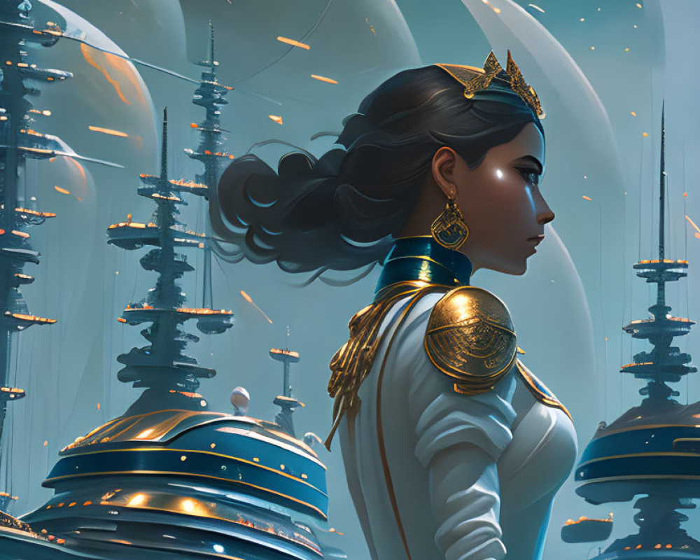 Futuristic armor-clad woman gazes at city with towering spires under planetary sky