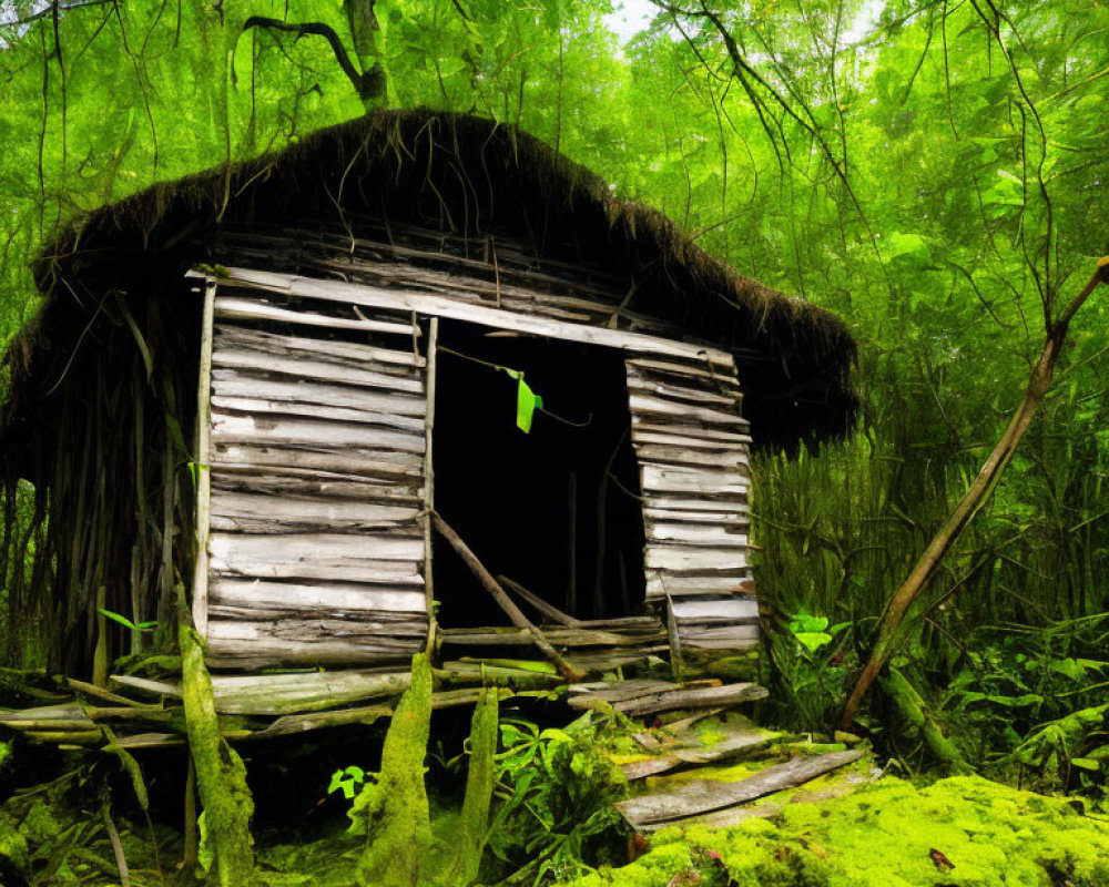 Rustic wooden hut with thatched roof in lush forest scenery