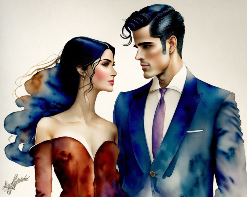 Stylish couple in brown ombre dress and blue suit with purple tie gazing at each