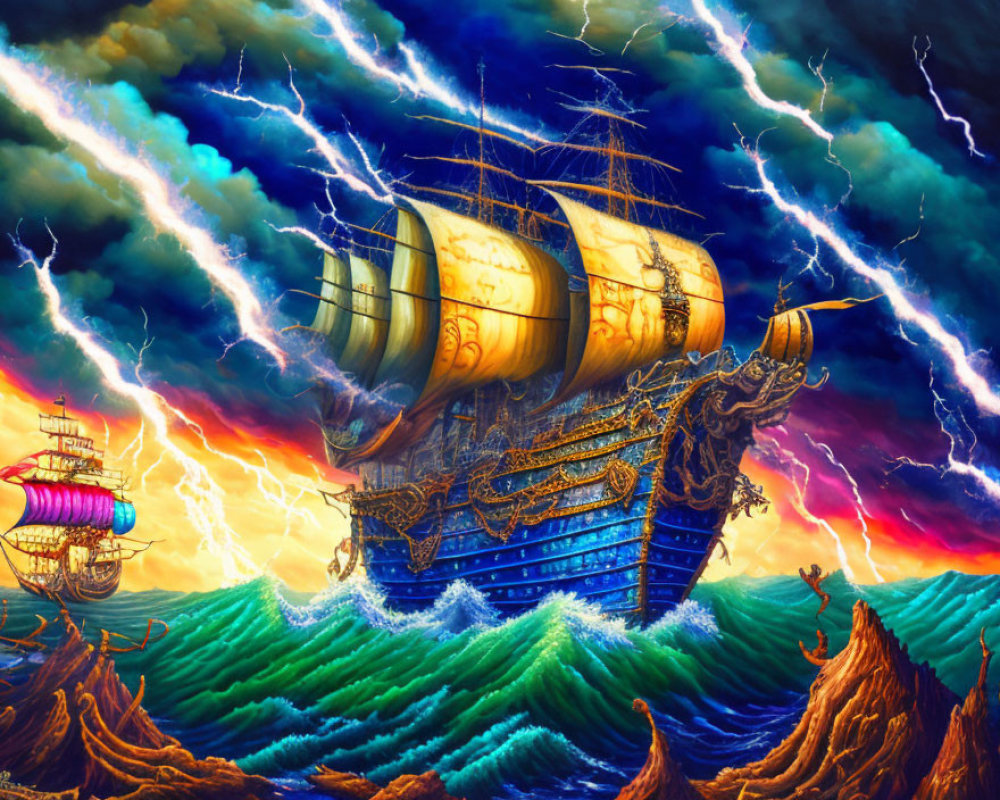 Ornate ships in stormy seas with lightning strikes