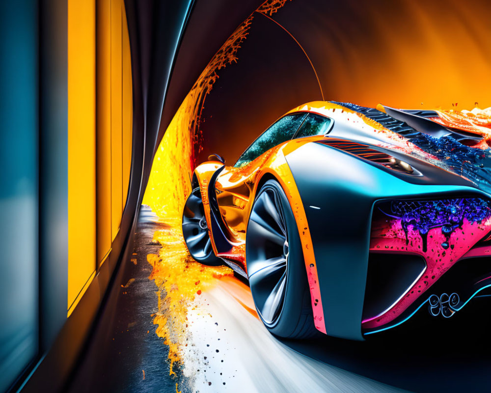 Abstract futuristic car art with vibrant neon colors in high-speed tunnel