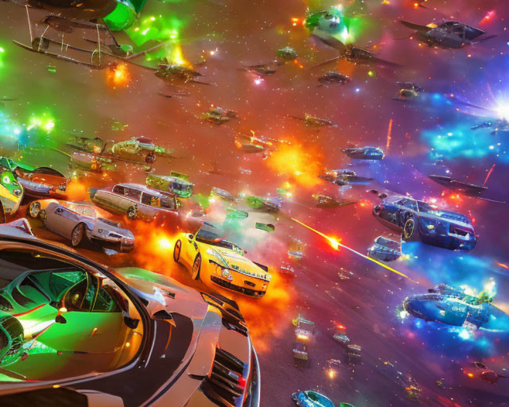 Colorful Flying Cars and Helicopters in Chaotic Night Sky