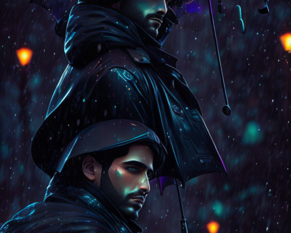 Men sharing umbrella in rain under city lights in blue and purple hues