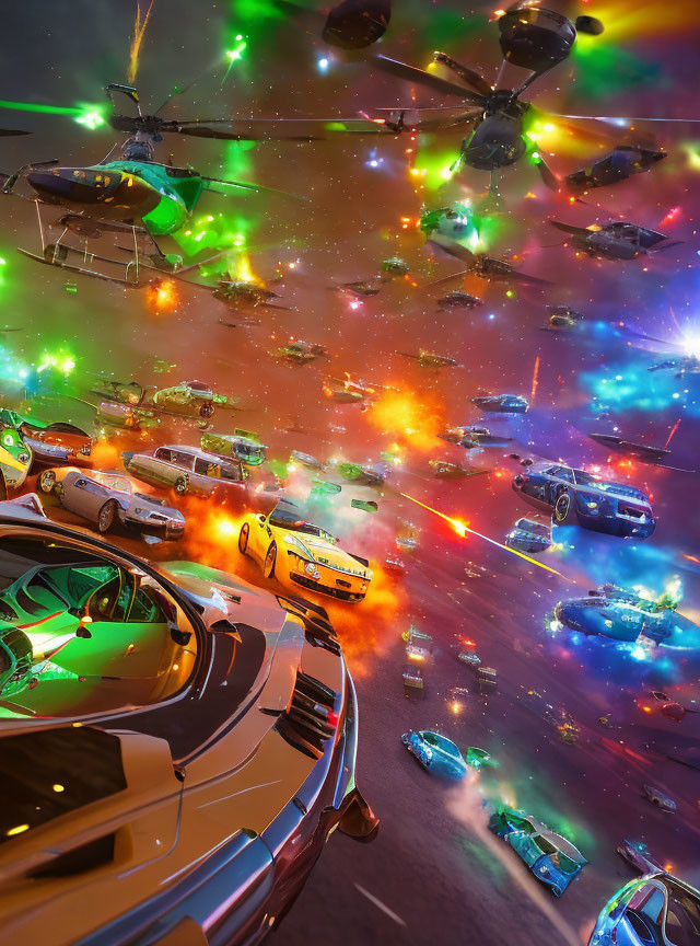 Colorful Flying Cars and Helicopters in Chaotic Night Sky