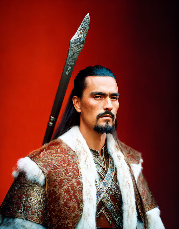 Historical warrior in stern attire with sword on red background