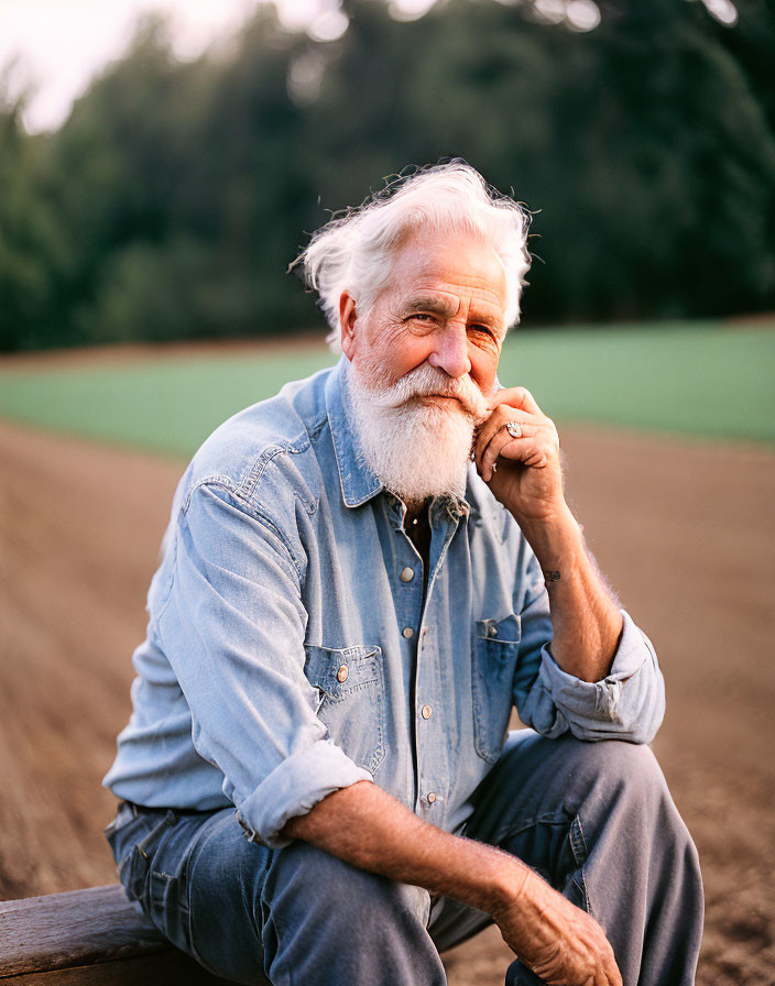 Elderly Man with White Beard in Denim Jacket Resting Chin Outdoors