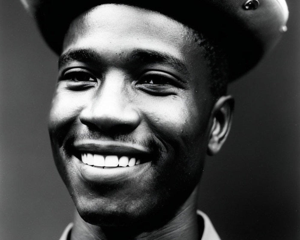 Monochrome portrait of smiling man in military attire