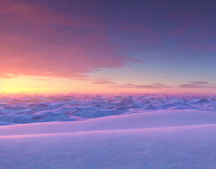 Snow-covered landscape at sunset with purple and orange skies