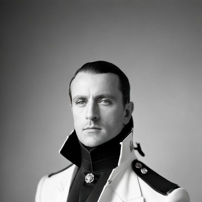 Formal man in white uniform with high collar, grey background portrait